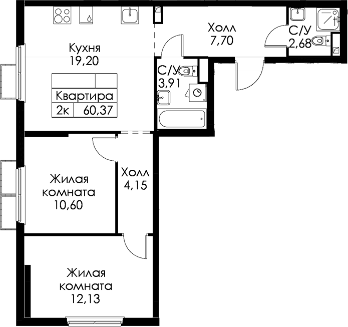 2-комнатная квартира 60.37 м², 4/15 эт., ЖК «Янинский лес»